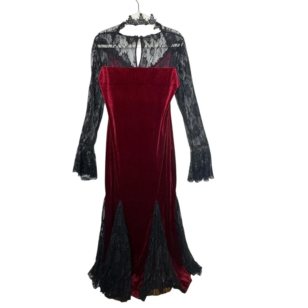 Womens Ren Faire Velvet‎ Sheer Lace Maxi Dress 2X Bell Sleeve Renaissance Goth